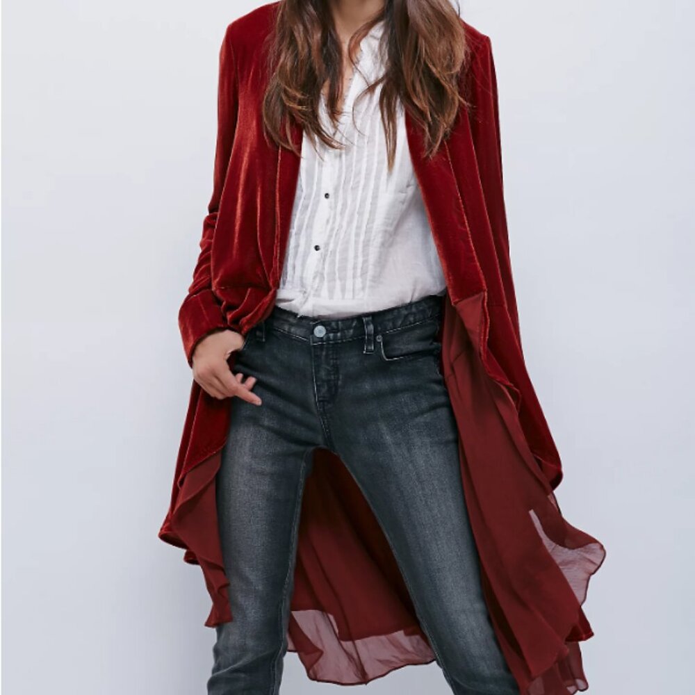 Rare Free People Crushed Velvet Rust Red Swing Coat Duster Jacket Open Front S - Picture 2 of 8